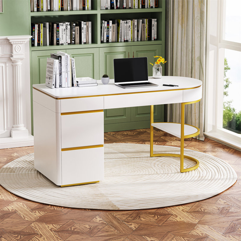 Everly Quinn 60 Modern Executive Desk White Curved Computer Desk With Gold Metal Legs 3 Drawers Home Office Desk Writing Desk With 1 Storage Cabinet For Home Office Living Room Gold White Wayfair